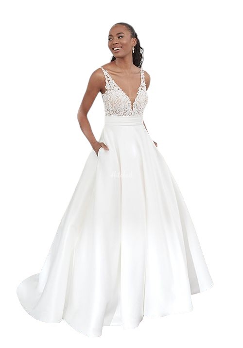 N000026 V-Neck Mikado Ball Gown with Cummerbund and Pockets