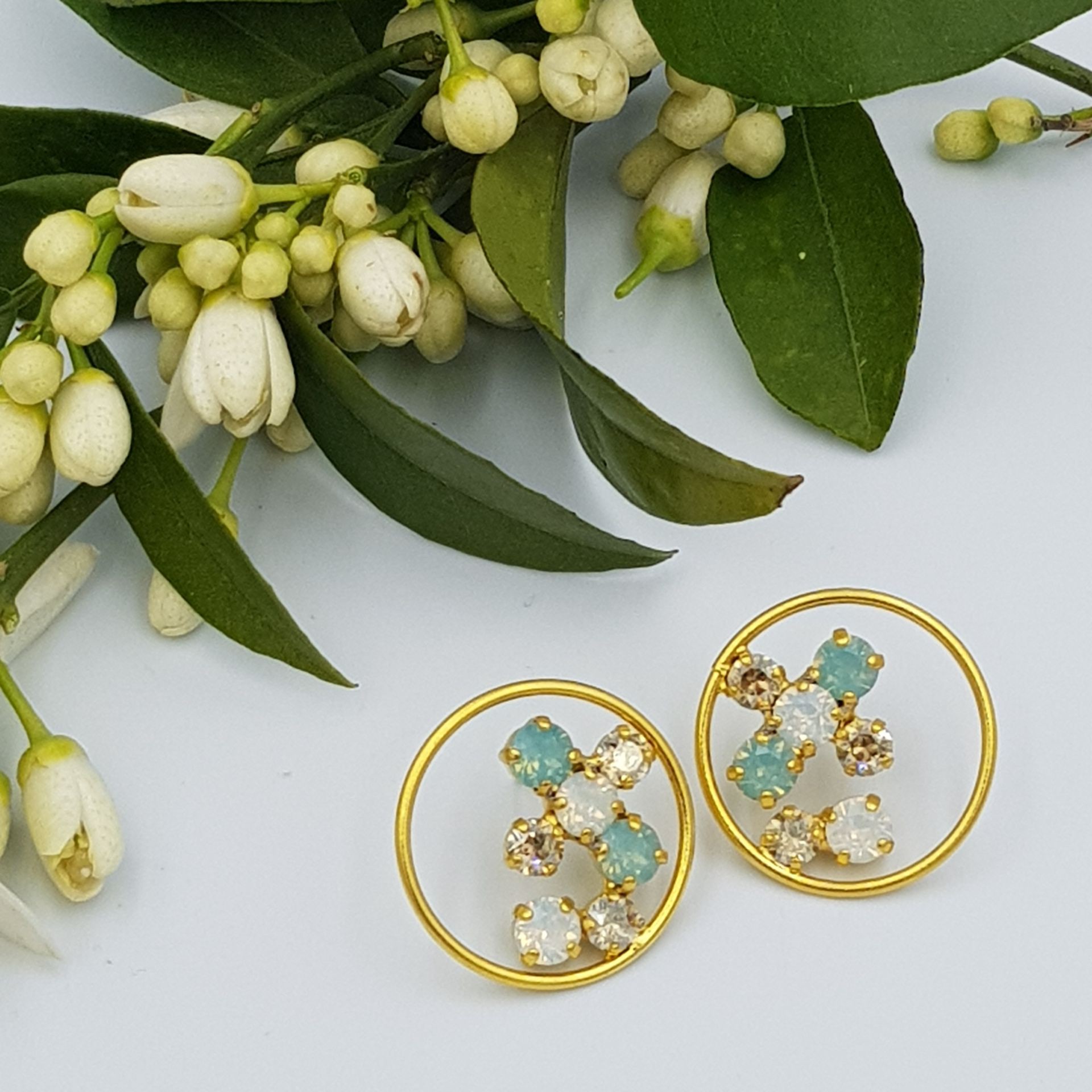 ΣΚΟΥΛΑΡΙΚΙΑ ΕΠΙΧΡΥΣΑ ΜΕ SWAROVSKI ΑΣΠΡΟ ΔΙΑΦΑΝΟ & AQUA MARIN