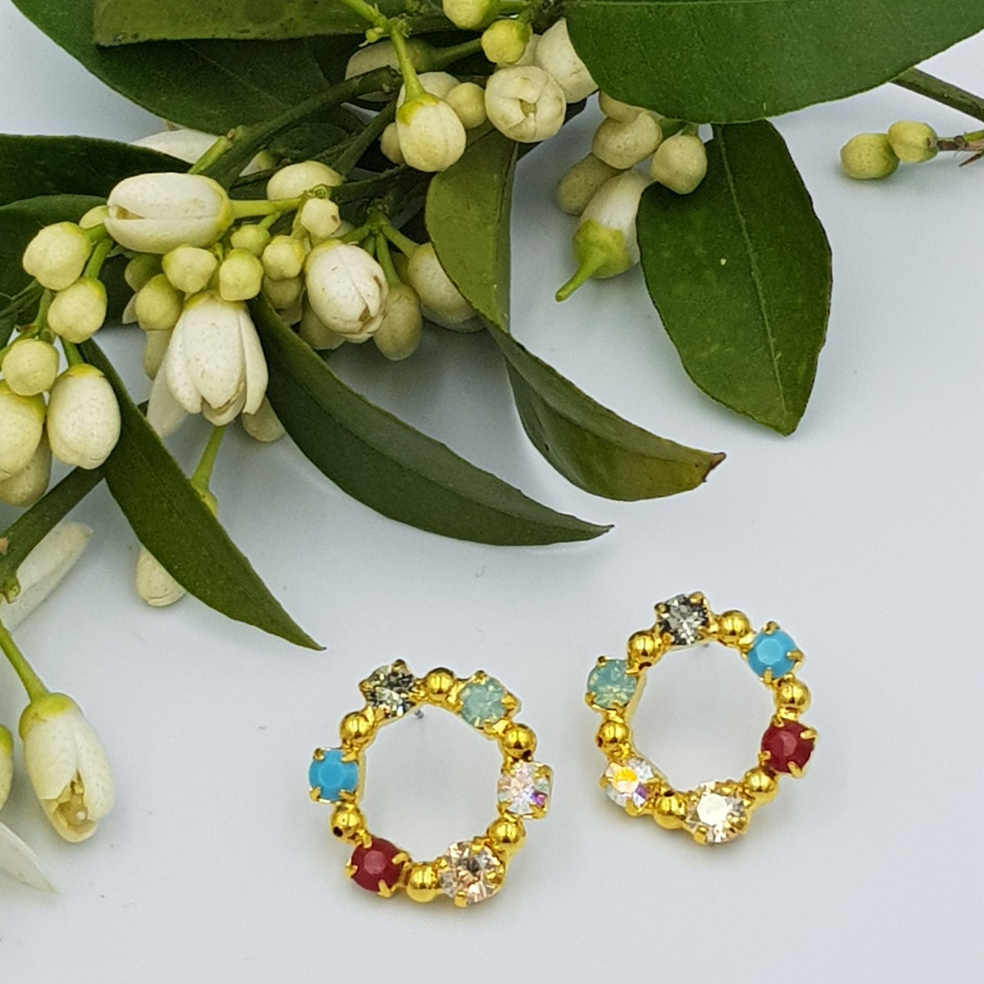 ΣΚΟΥΛΑΡΙΚΙΑ ΕΠΙΧΡΥΣΑ ΜΕ SWAROVSKI ΚΟΚΚΙΝΟ ΔΙΑΦΑΝΟ & AQUA MARIN