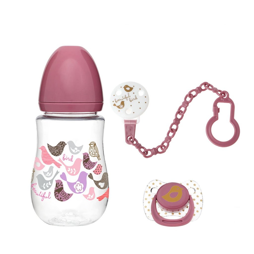 Σετ Μπιμπερό 250ml Πιπίλα & Κλιπ Pink, Kiokids
