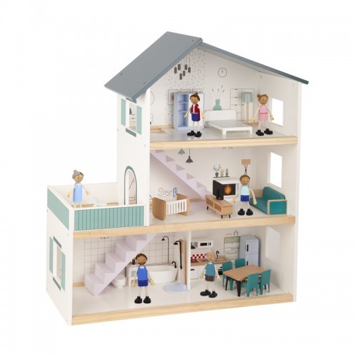 Κουκλόσπιτο Ξύλινο με 'Έπιπλα και 6 Φιγούρες ,Tooky Toy