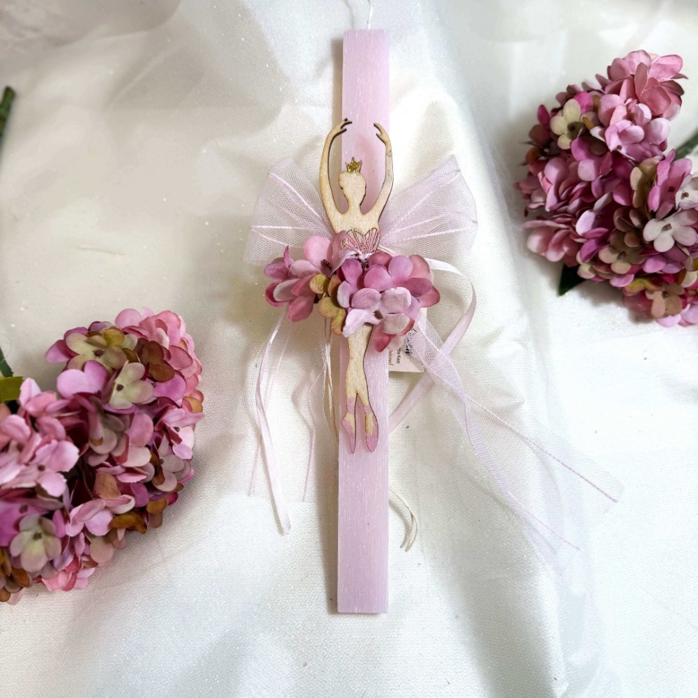 Λαμπάδα Αρωματική Ροζ με Ξύλινη Μπαλαρίνα και Λουλούδια, LiebeQueen Art