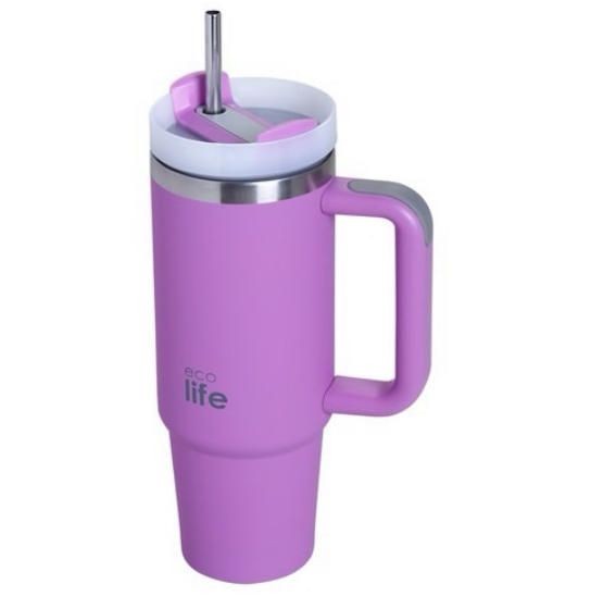 Ποτήρι Θερμός με Χερούλι και Καλαμάκι Iris 900ml, ecolife